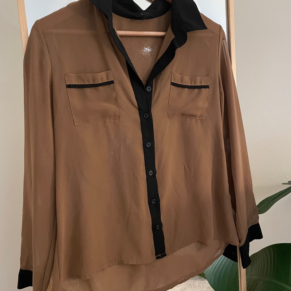 Brown and Black Button-Up sheer Blouse
